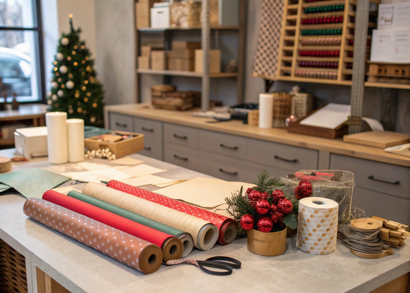 Professional gift wrapping studio workspace with various wrapping papers, ribbons, and decorative materials organized on work tables